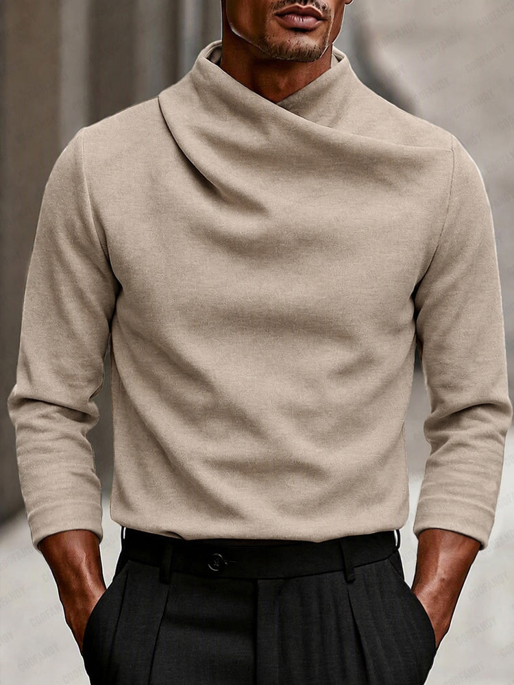 Thaddeus | Men's Stretch Crossover Mock Neck Top for Fall and Winter in Beige