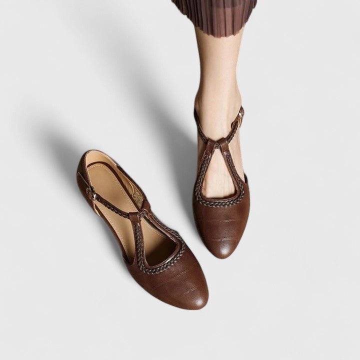 Justine | Women's Braided T-Bar Pumps with Low Block Heel