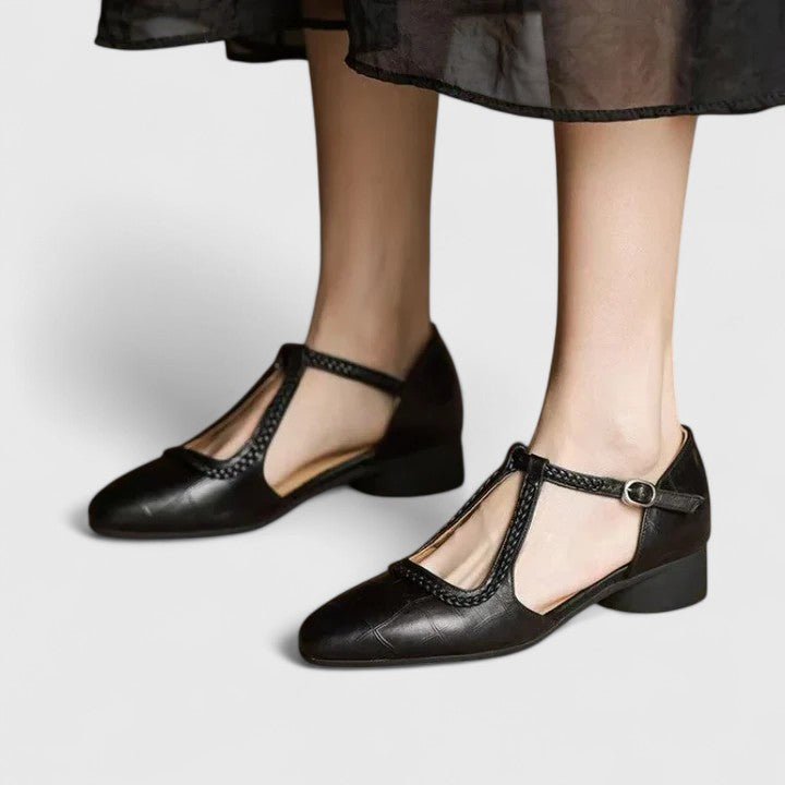 Justine | Women's Braided T-Bar Pumps with Low Block Heel