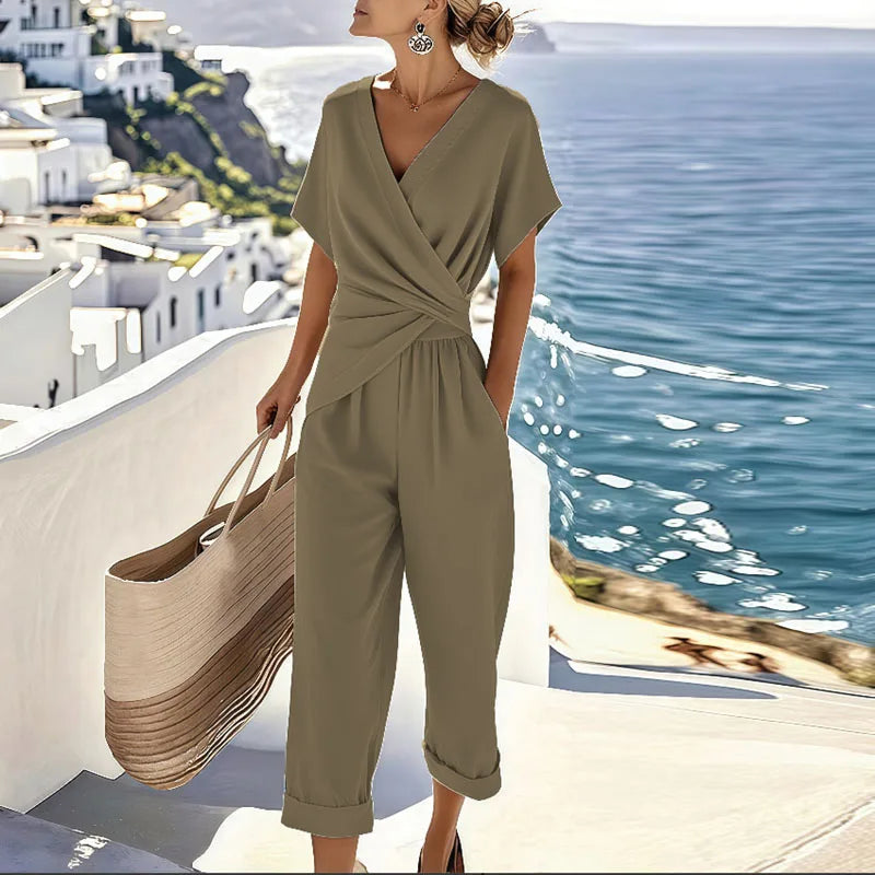 Damen-Jumpsuit mit kurzen Ärmeln und V-Ausschnitt – Lässiger Overall mit weitem Bein