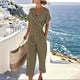 Damen-Jumpsuit mit kurzen Ärmeln und V-Ausschnitt – Lässiger Overall mit weitem Bein