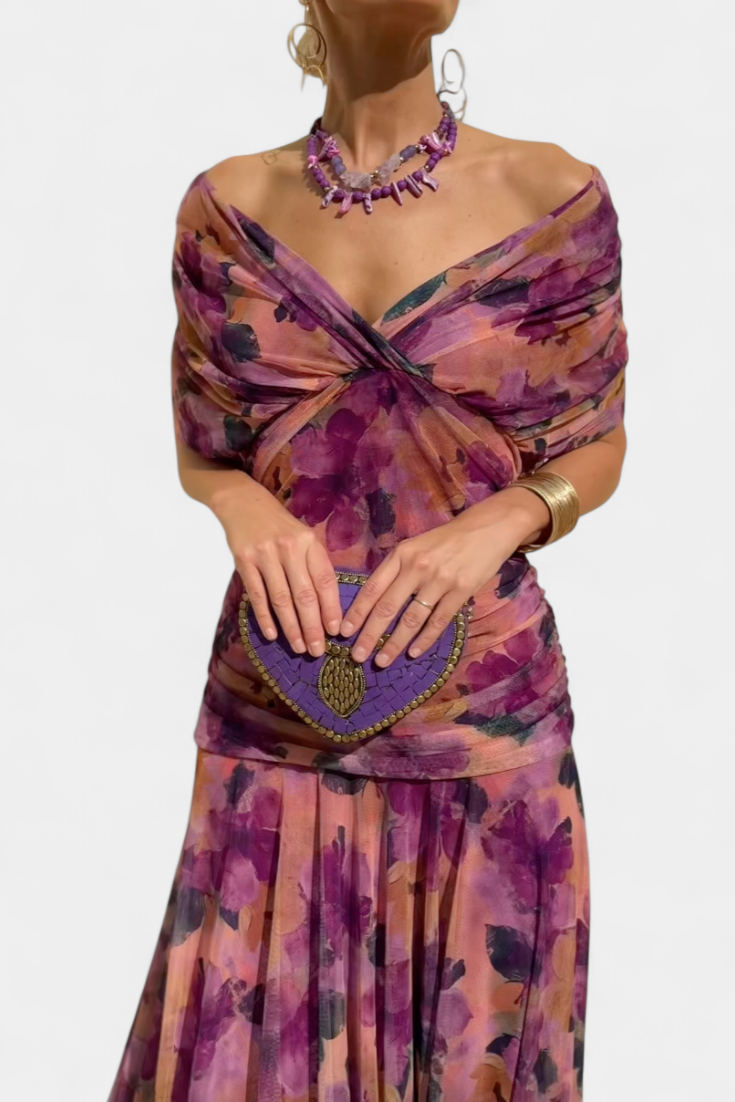 Women's Floral Pleated V-Neck Maxi Dress for Evening Wear — view 11
