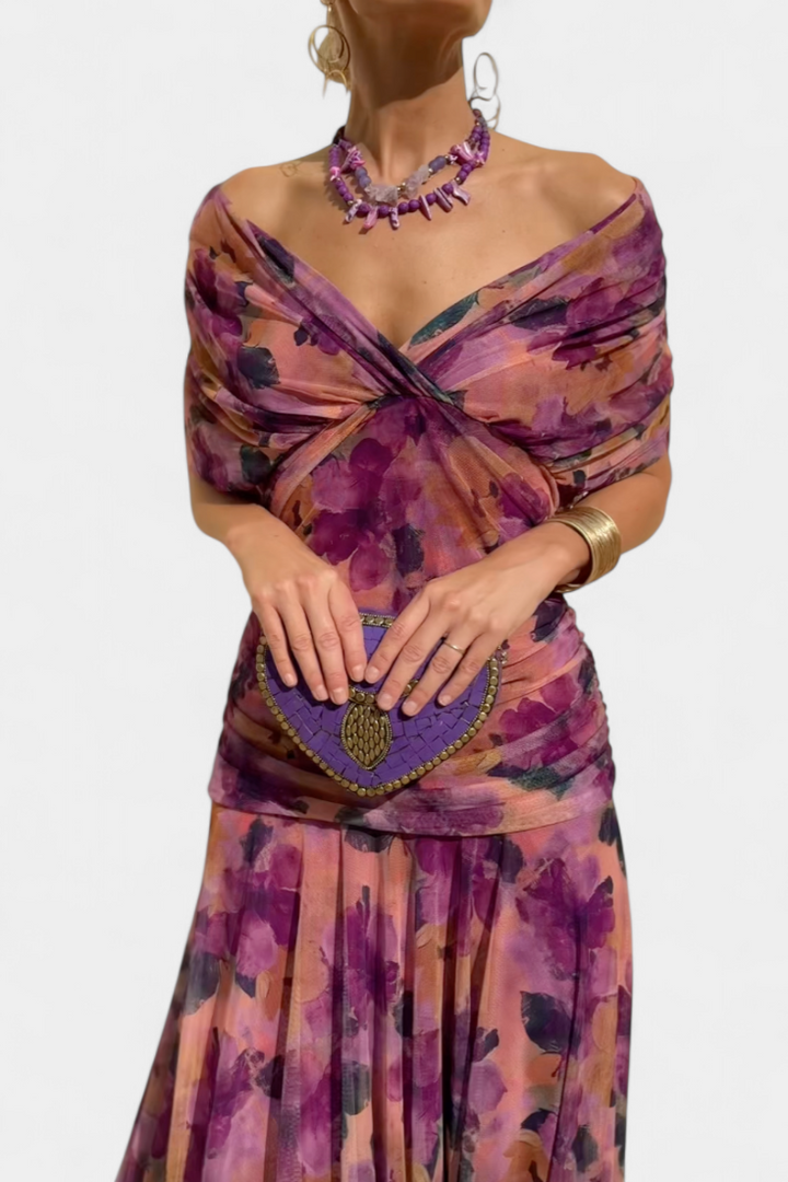 Women's Floral Pleated V-Neck Maxi Dress for Evening Wear — view 11