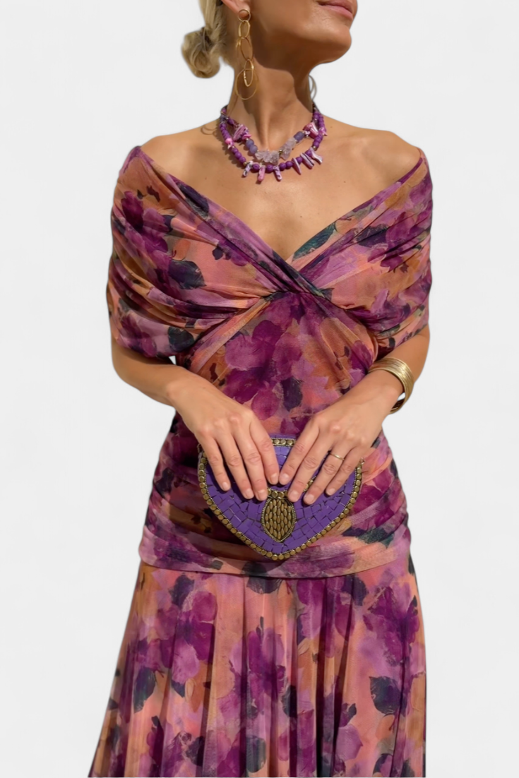 Women's Floral Pleated V-Neck Maxi Dress for Evening Wear — view 13