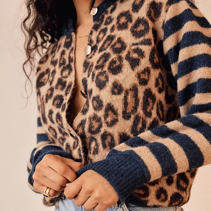 Signe | Women's Leopard Print Crew Neck Cardigan