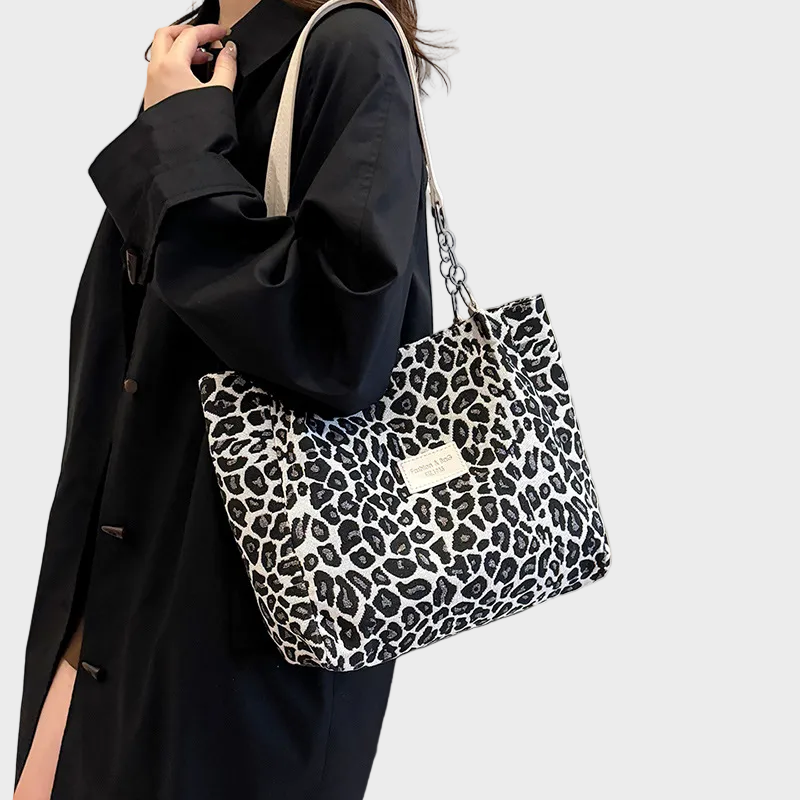 Wisteria | Women's Woven Leopard Print Tote With Chain Straps