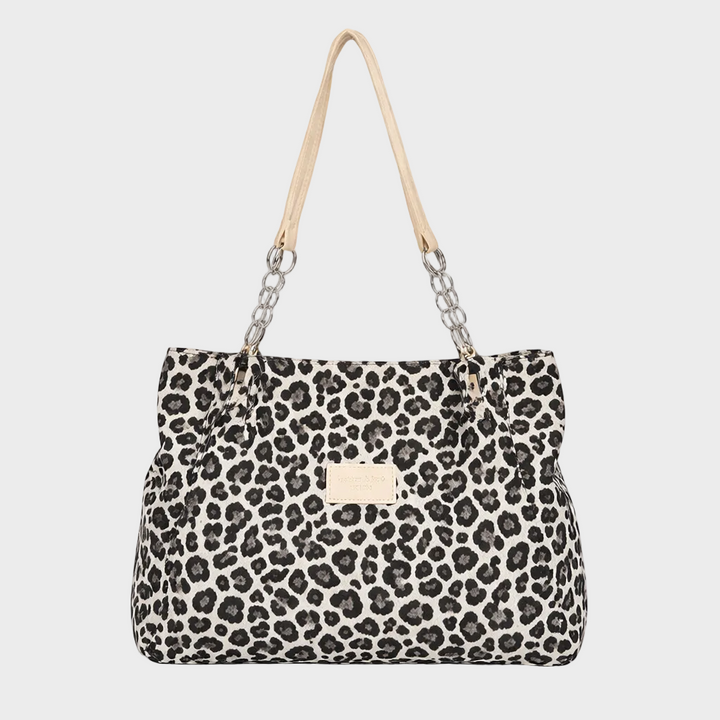 Wisteria | Women's Woven Leopard Print Tote With Chain Straps