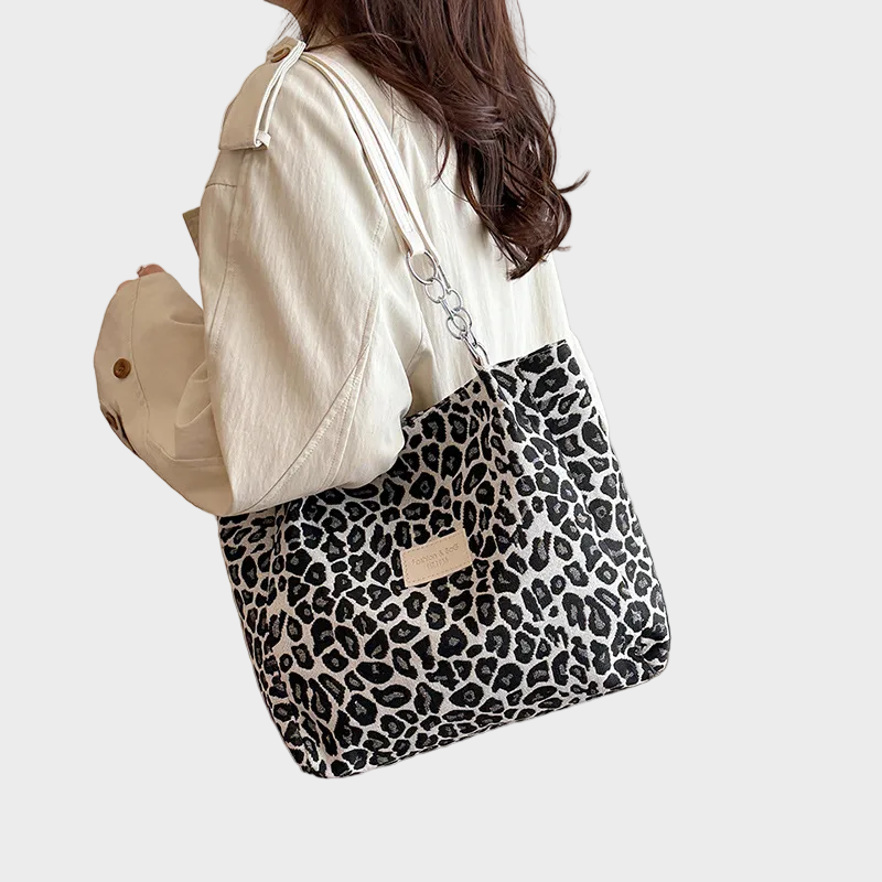 Wisteria | Women's Woven Leopard Print Tote With Chain Straps