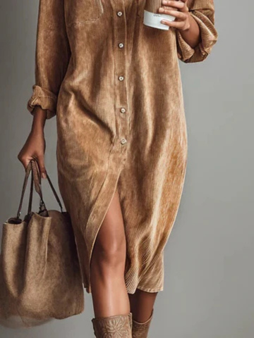 Cordula | Women's Velvet Midi Shirt Dress with Button-Down Front