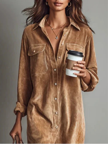 Cordula | Women's Velvet Midi Shirt Dress with Button-Down Front
