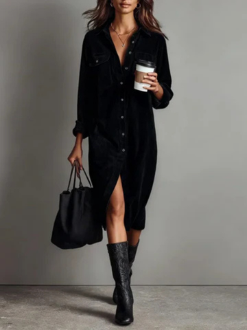 Cordula | Women's Velvet Midi Shirt Dress with Button-Down Front