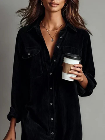 Cordula | Women's Velvet Midi Shirt Dress with Button-Down Front