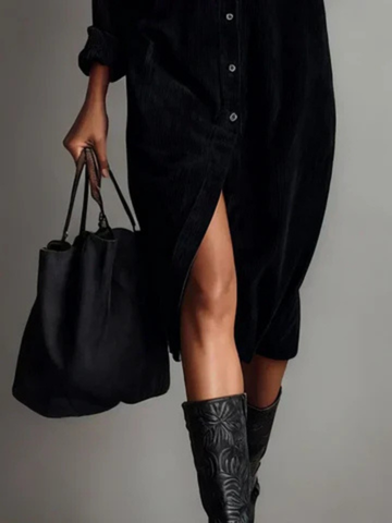 Cordula | Women's Velvet Midi Shirt Dress with Button-Down Front