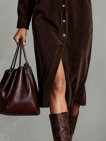 Cordula | Women's Velvet Midi Shirt Dress with Button-Down Front