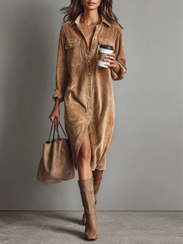 Cordula | Women's Velvet Midi Shirt Dress with Button-Down Front