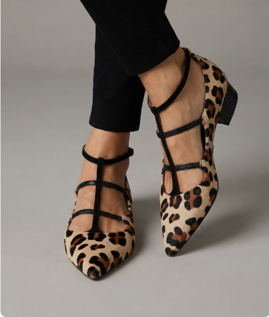 Maribel | Women's Leopard Print T-Bar Pumps with Low Block Heel