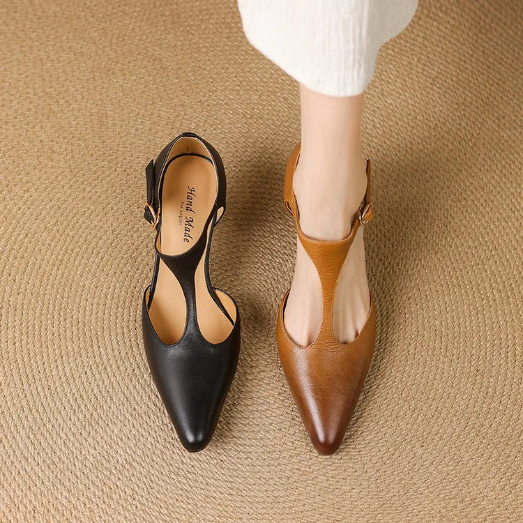 Esmee | Women's Pointed T-Strap Leather Kitten Heel Pumps