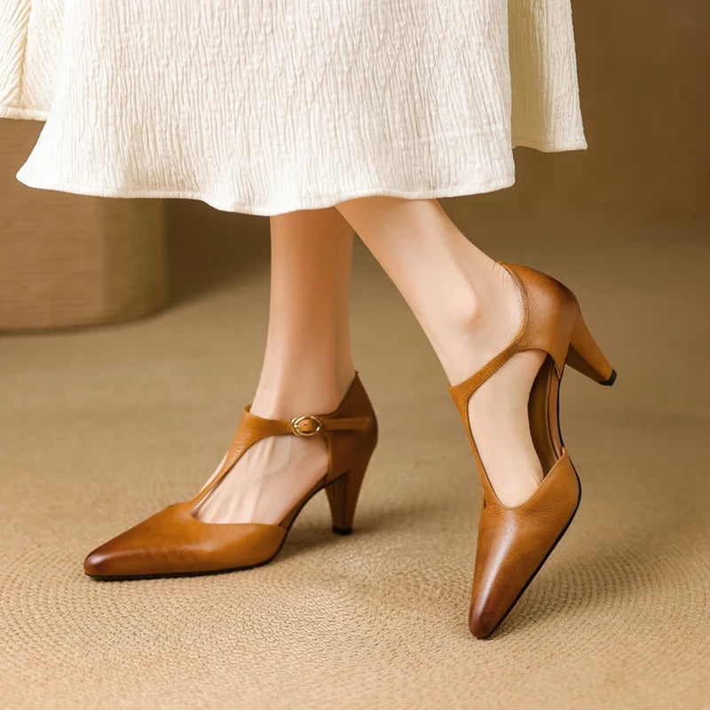 Esmee | Women's Pointed T-Strap Leather Kitten Heel Pumps