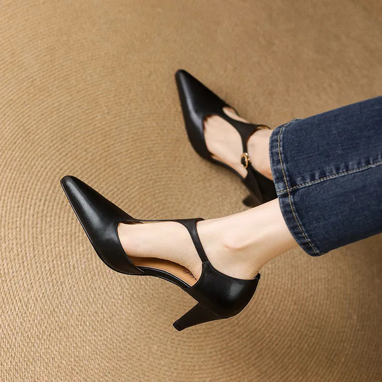 Esmee | Women's Pointed T-Strap Leather Kitten Heel Pumps