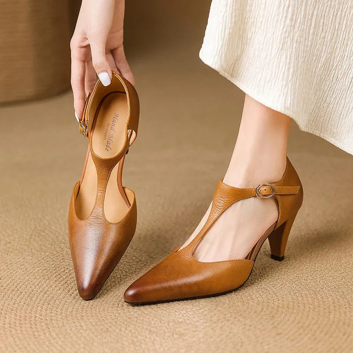 Esmee | Women's Pointed T-Strap Leather Kitten Heel Pumps
