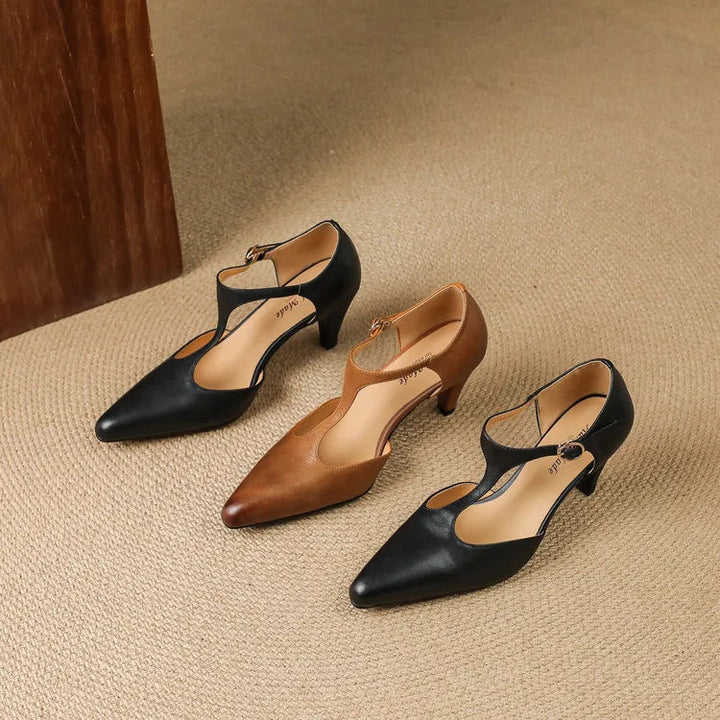 Esmee | Women's Pointed T-Strap Leather Kitten Heel Pumps