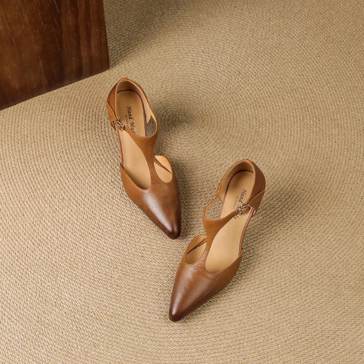 Esmee | Women's Pointed T-Strap Leather Kitten Heel Pumps