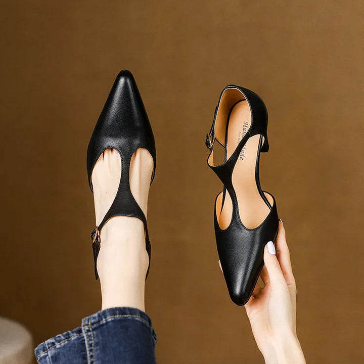 Esmee | Women's Pointed T-Strap Leather Kitten Heel Pumps