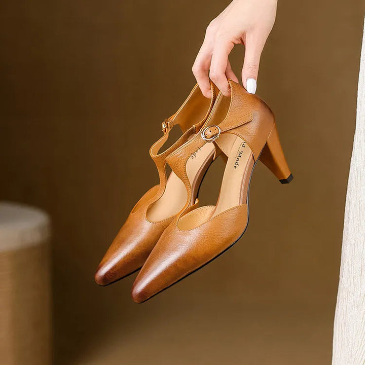 Esmee | Women's Pointed T-Strap Leather Kitten Heel Pumps