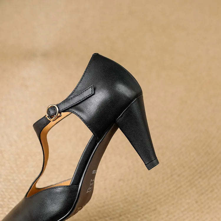 Esmee | Women's Pointed T-Strap Leather Kitten Heel Pumps