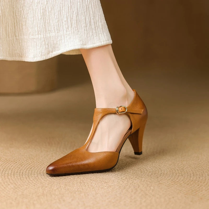 Esmee | Women's Pointed T-Strap Leather Kitten Heel Pumps