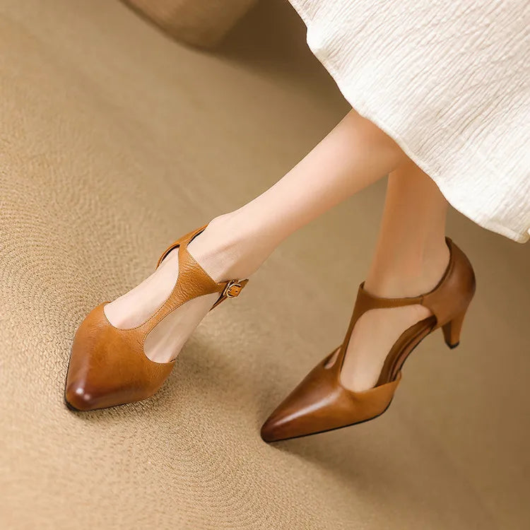 Esmee | Women's Pointed T-Strap Leather Kitten Heel Pumps