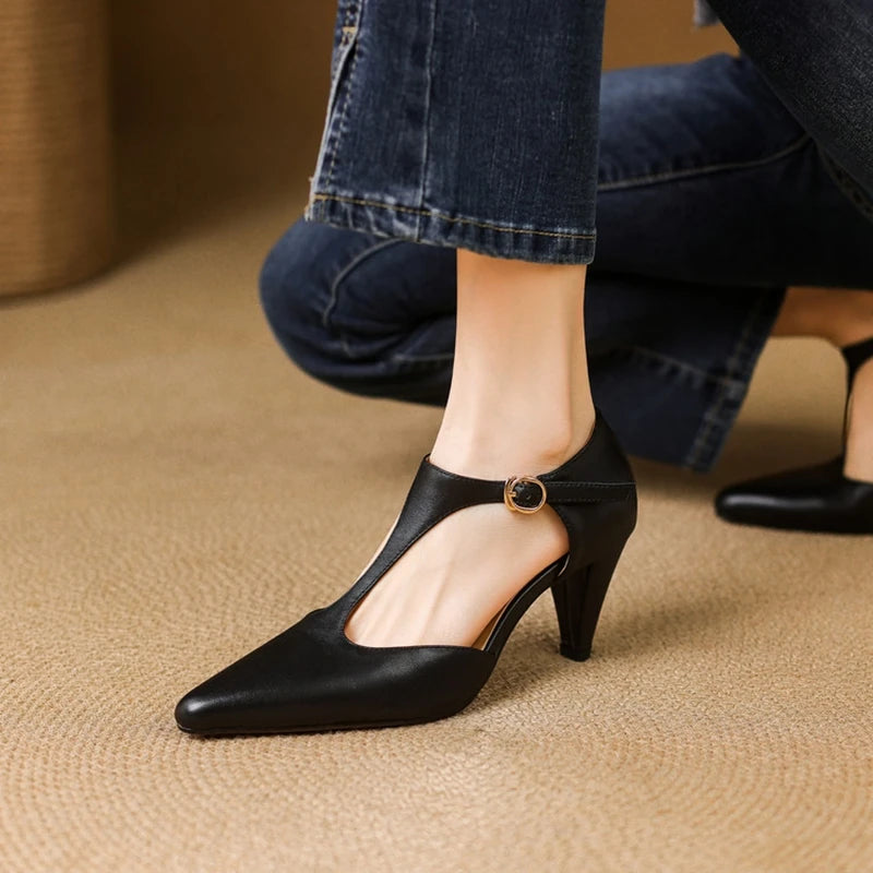 Esmee | Women's Pointed T-Strap Leather Kitten Heel Pumps