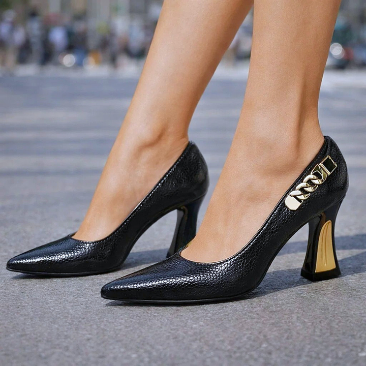 Merewyn Croc-Effect Pointed Pumps with Chain Detail - image 4