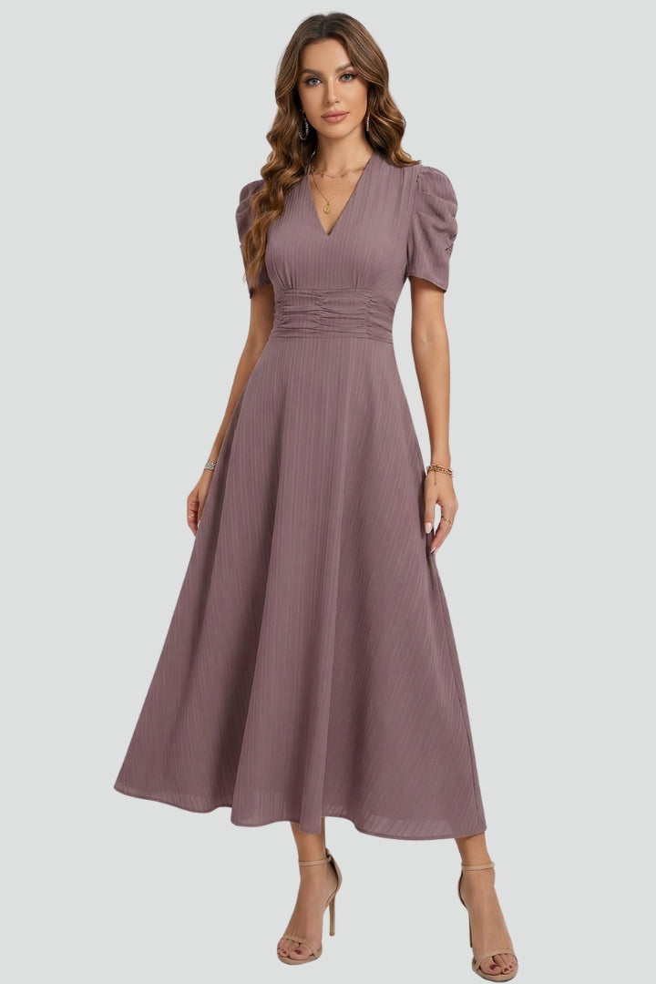 Midikleid für Damen mit V-Ausschnitt & kurzen Ärmeln – Elegantes Tages- & Anlasskleid