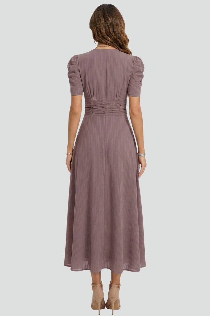 Midikleid für Damen mit V-Ausschnitt & kurzen Ärmeln – Elegantes Tages- & Anlasskleid