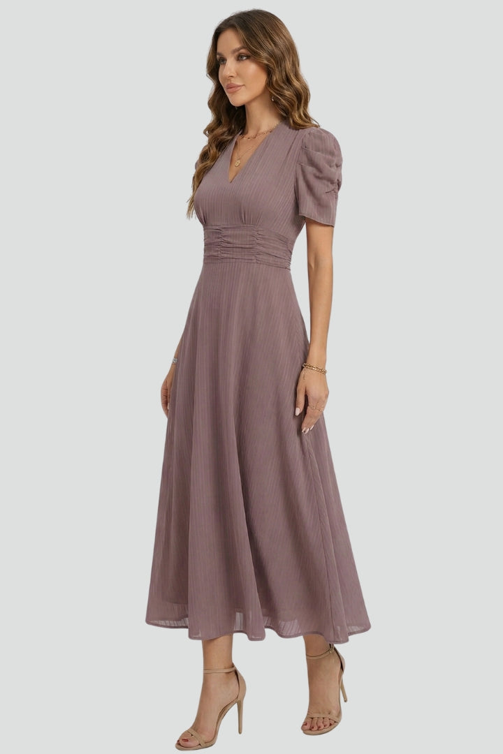 Midikleid für Damen mit V-Ausschnitt & kurzen Ärmeln – Elegantes Tages- & Anlasskleid