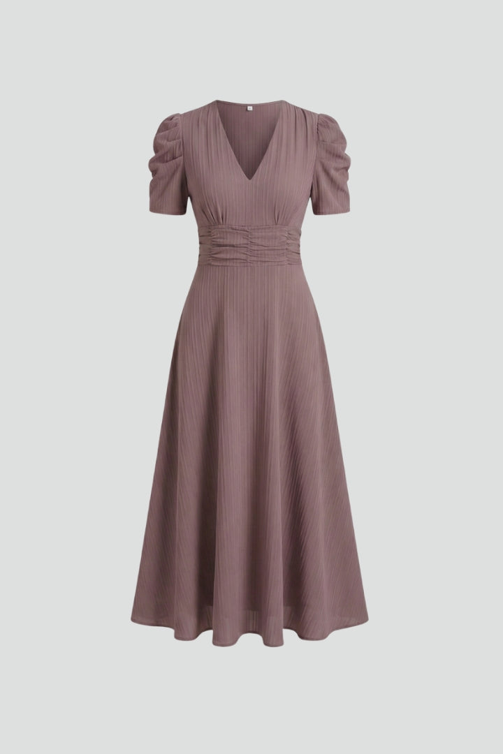 Midikleid für Damen mit V-Ausschnitt & kurzen Ärmeln – Elegantes Tages- & Anlasskleid