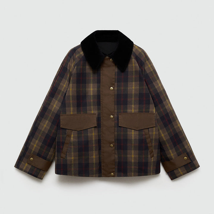 Jacquenetta | Women's Plaid Button-Down Jacket with Faux Fur Collar