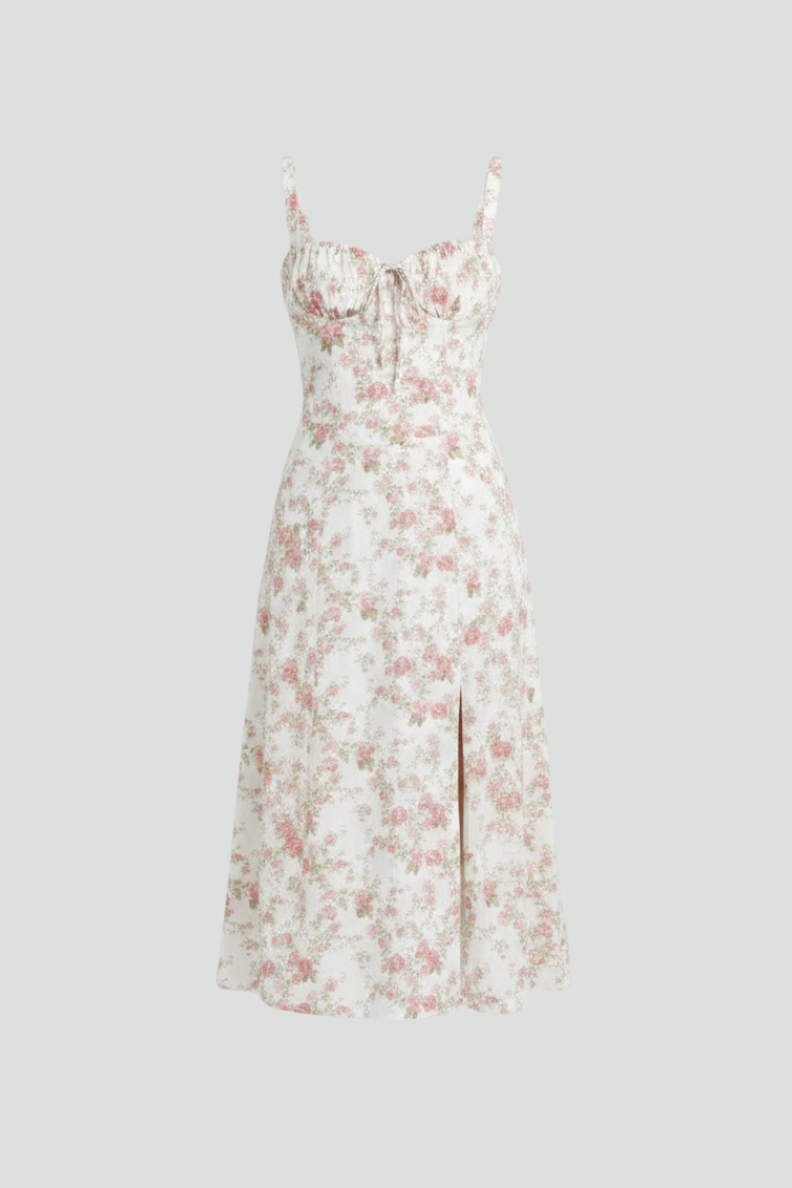 Midi Dress with Shoulder Straps and Patterned Skirt