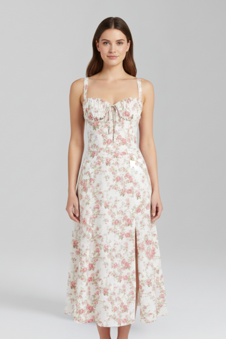 Midi Dress with Shoulder Straps and Patterned Skirt
