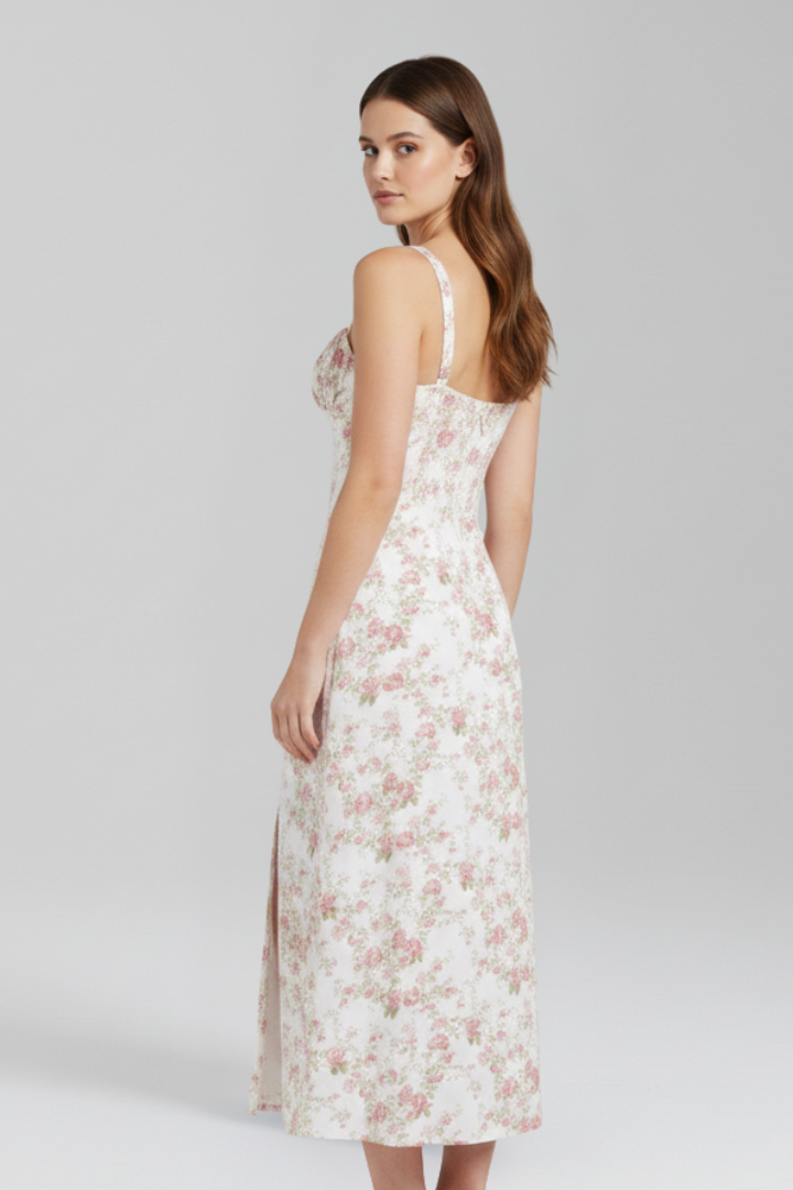 Midi Dress with Shoulder Straps and Patterned Skirt