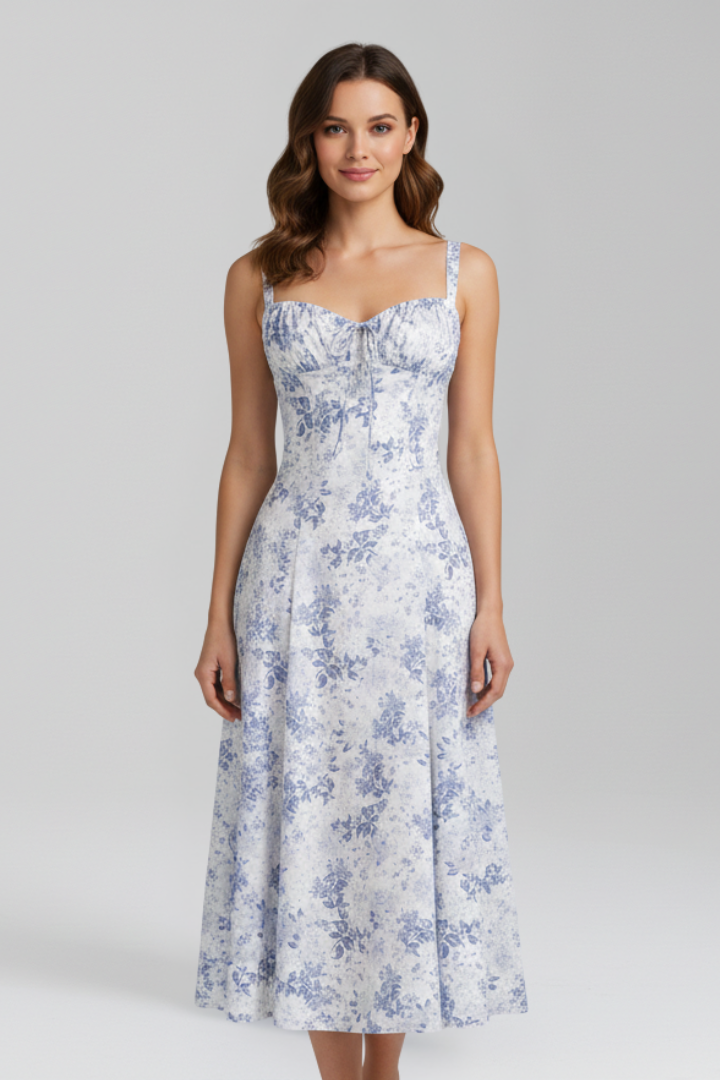 Midi Dress with Shoulder Straps and Patterned Skirt