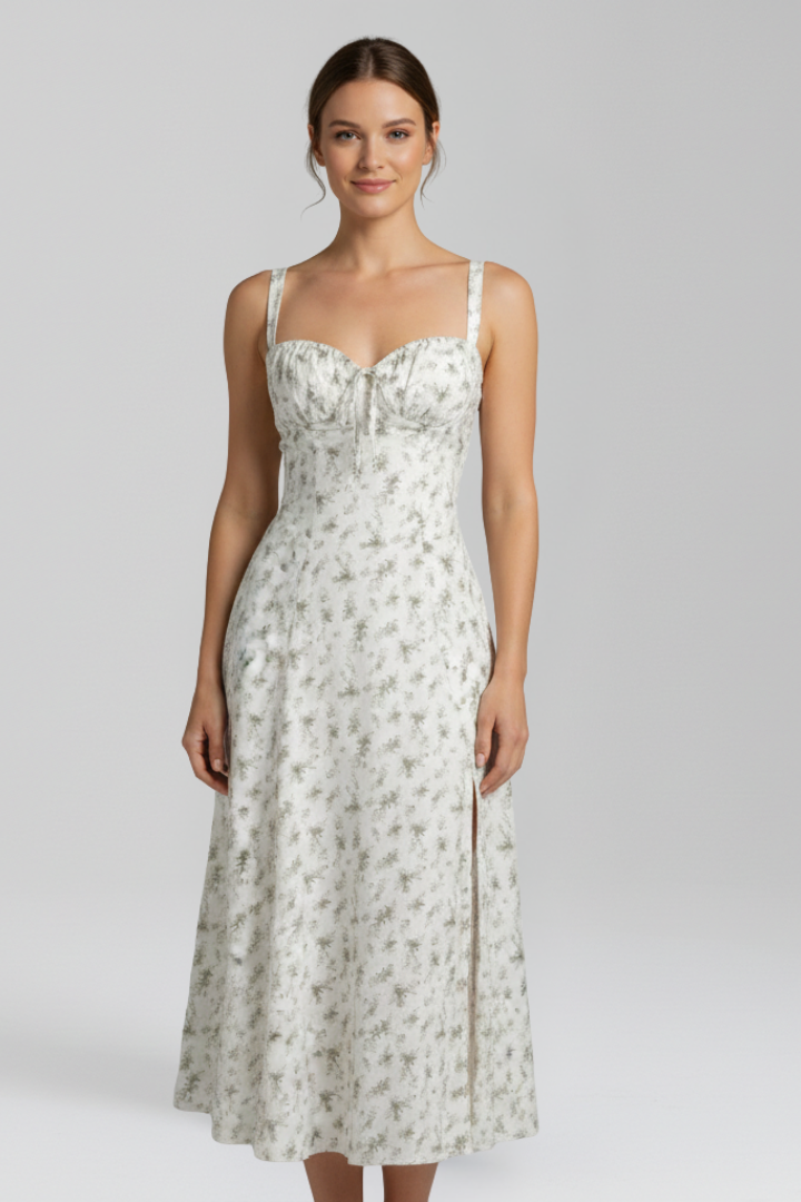 Midi Dress with Shoulder Straps and Patterned Skirt