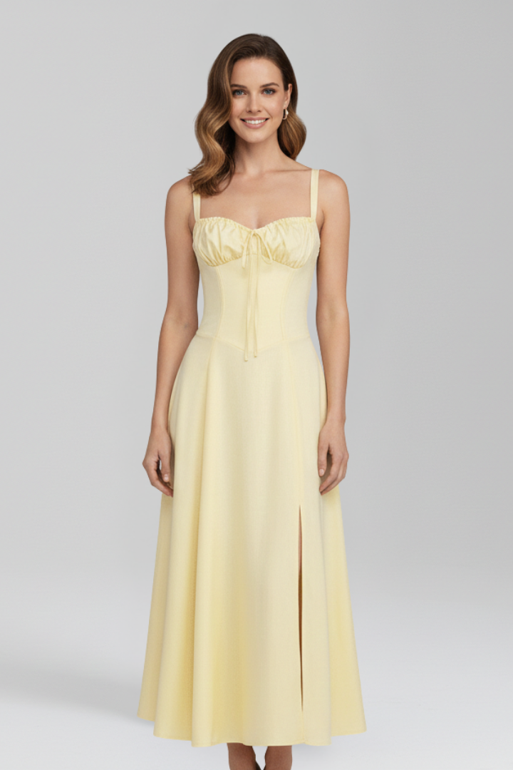 Midi Dress with Shoulder Straps and Patterned Skirt