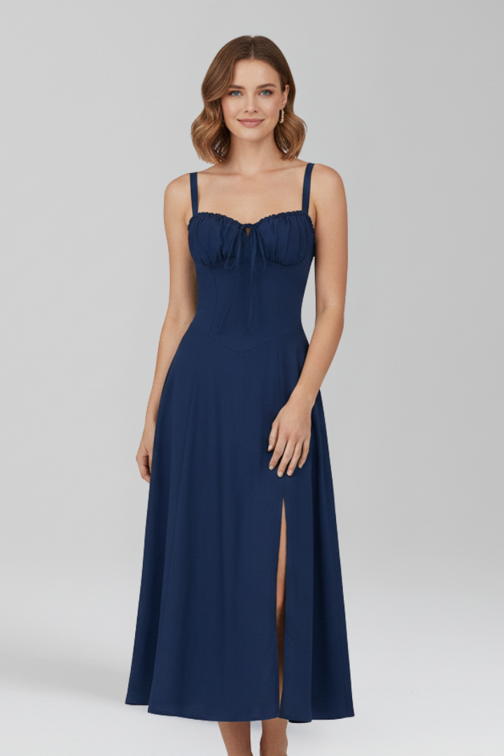Midi Dress with Shoulder Straps and Patterned Skirt