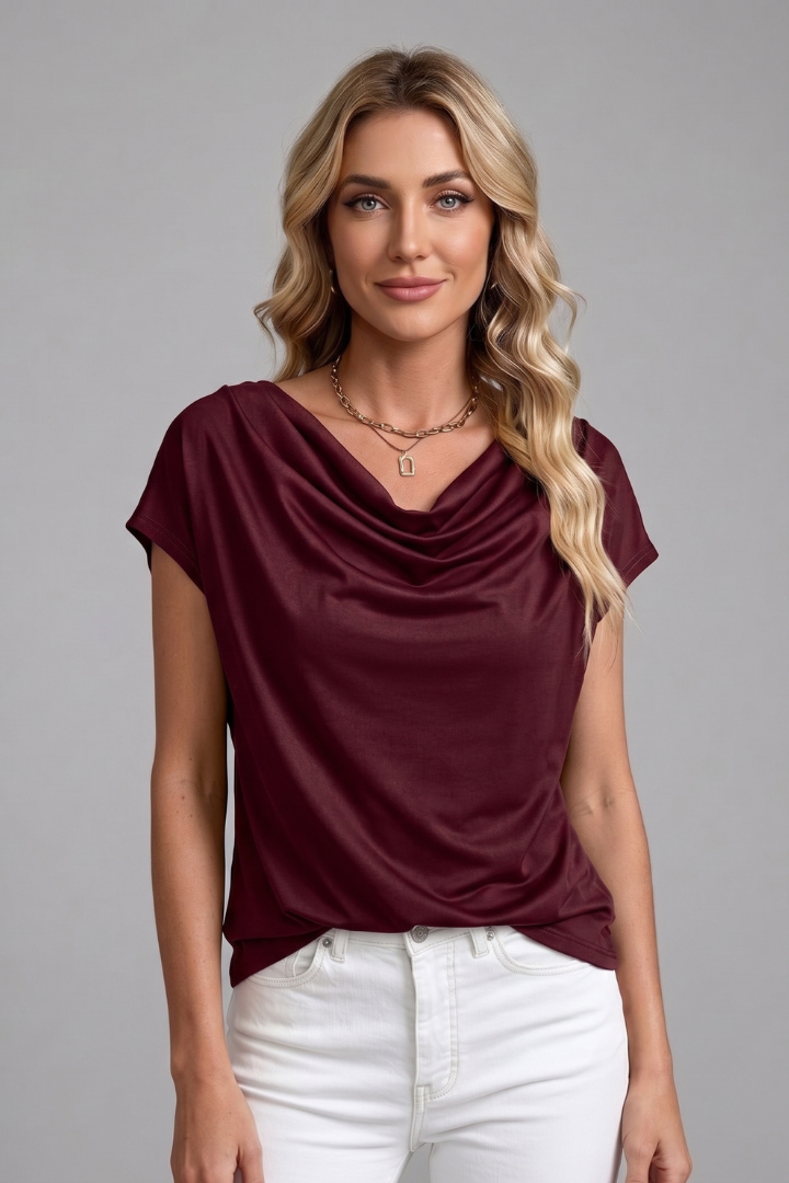 Dame bluse med drapperet halsudskæring og draperet front