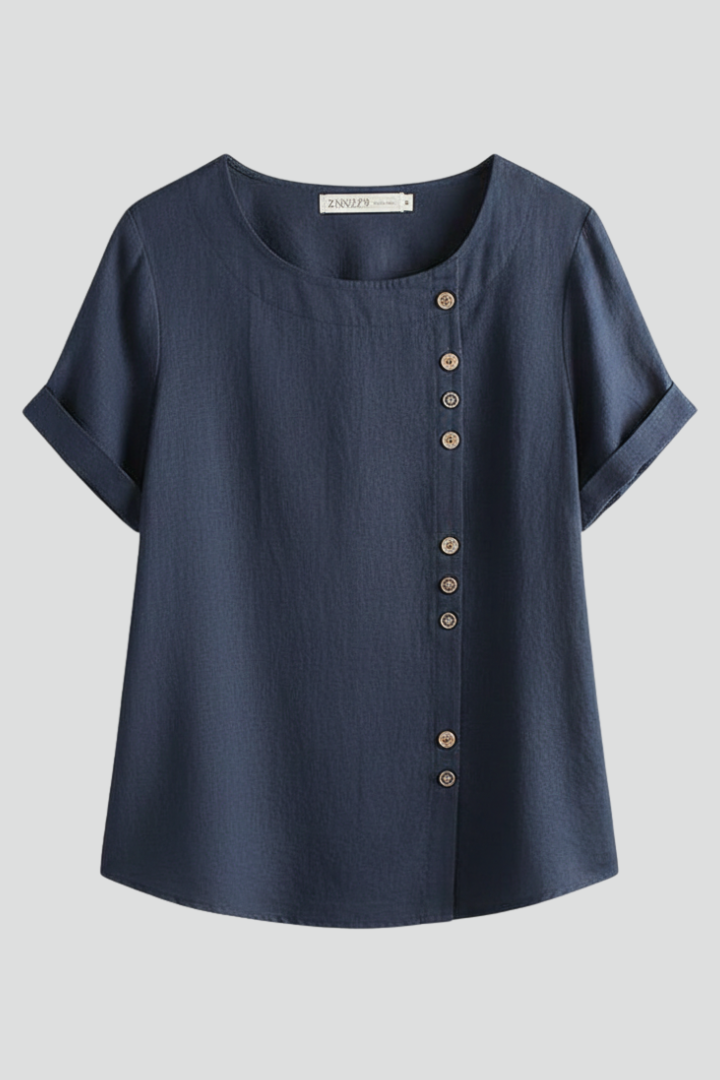 Dame Bluse med Rund halsudskæring og knap Detalje