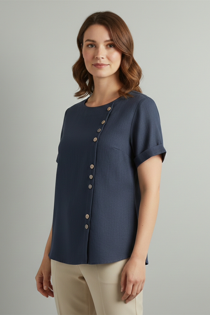 Dame Bluse med Rund halsudskæring og knap Detalje