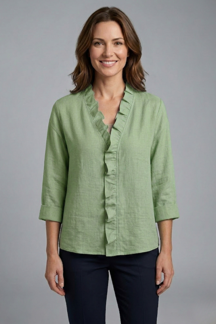 Dame bluse med flæsehalsudskæring og lange ærmer
