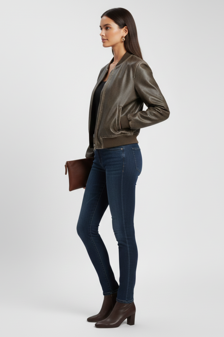 Donatella | Women’s Bomber Jacket with Collared Neck and Woven Outer Surface